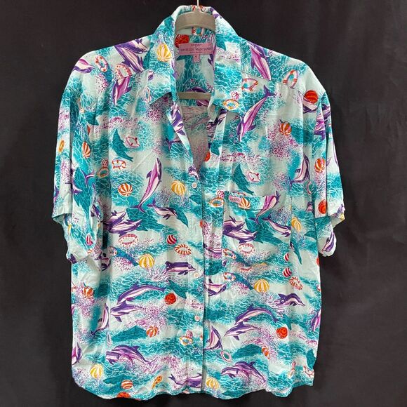 Guess by Georges Marciano Hawaiian Shirt Dolphins Ocean Size 4 Womens - Picture 1 of 10